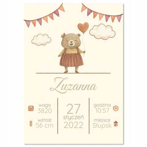 Metryczka Personalizowana Dla Dziecka A4 BEZ RAMKI Prezent Chrzest Urodziny