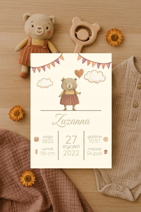 Metryczka Personalizowana Dla Dziecka A4 BEZ RAMKI Prezent Chrzest Urodziny