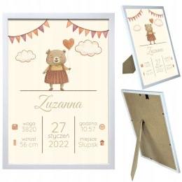 Metryczka Personalizowana Dla Dziecka A4 z Ramką Prezent Chrzest Urodziny