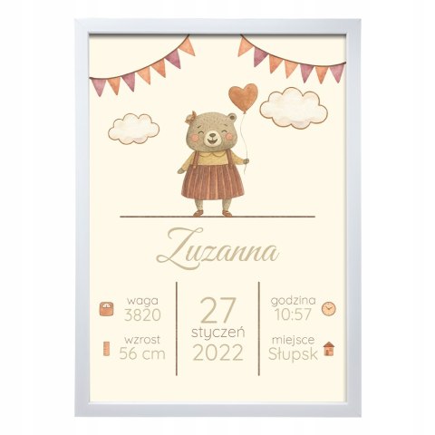 Metryczka Personalizowana Dla Dziecka A4 z Ramką Prezent Chrzest Urodziny