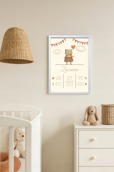 Metryczka Personalizowana Dla Dziecka A4 z Ramką Prezent Chrzest Urodziny