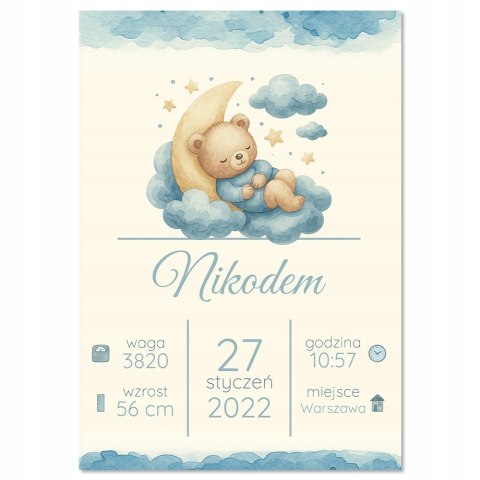 Personalizowana Metryczka Dla Dziecka A4 BEZ RAMKI Prezent Chrzest Urodziny