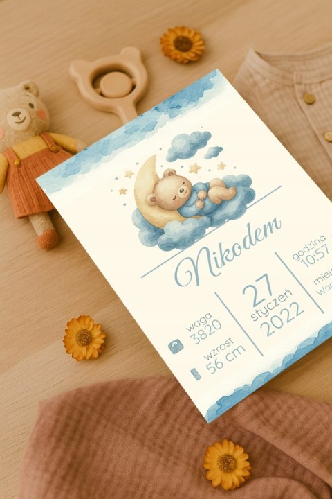 Personalizowana Metryczka Dla Dziecka A4 BEZ RAMKI Prezent Chrzest Urodziny