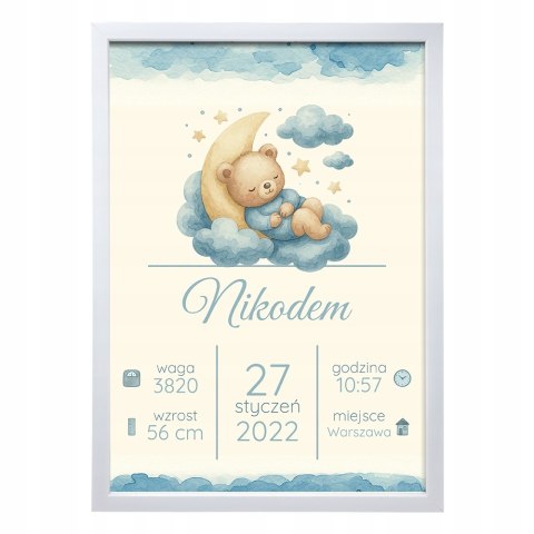 Personalizowana Metryczka z Ramką Dla Dziecka A4 Na Prezent Urodziny