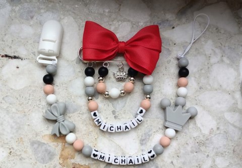 ZESTAW Zawieszka do smoczka + wózka CHŁOPIEC IMIĘ NARODZINY