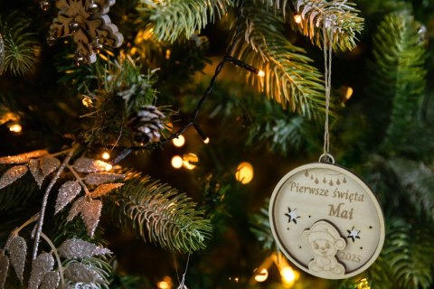 BOMBKA świąteczna PIERWSZE ŚWIĘTA z drewna sklejka imie PERSONALIZOWANA