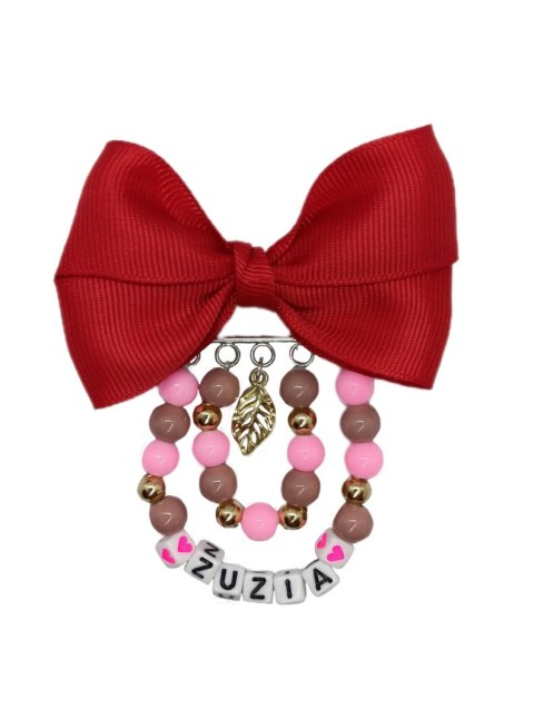 Broszka do wózka agrafka z imieniem kokarda czerwona