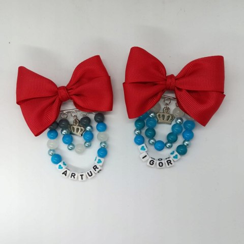 Broszka do wózka agrafka z imieniem kokarda czerwona