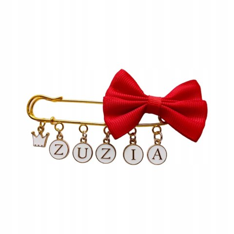 Broszka do wózka agrafka z imieniem kokarda czerwona