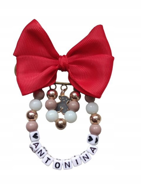 Broszka do wózka agrafka z imieniem kokarda czerwona