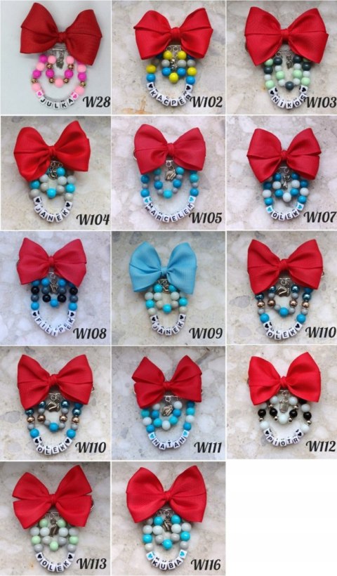 Broszka do wózka agrafka z imieniem kokarda czerwona