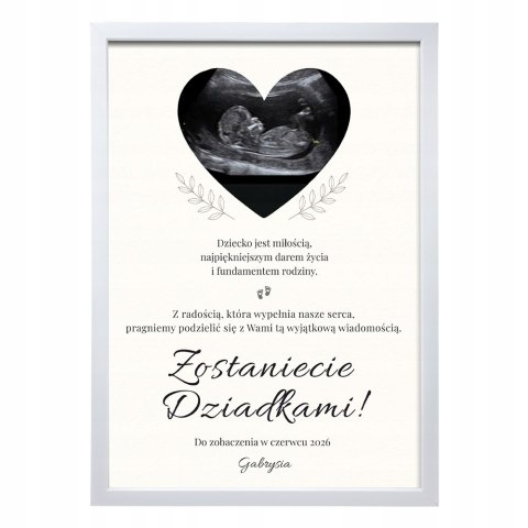 INFORMACJA O CIĄŻY PLAKAT Z RAMKĄ A4 dla DZIADKÓW ZDJĘCIE USG PAMIĄTKA