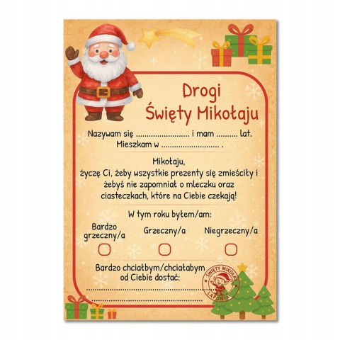 LIST do ŚWIĘTEGO MIKOŁAJA dla DZIECI adwent KOPERTA C6 + 3 NAKLEJKI