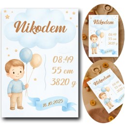 Metryczka Personalizowana Dla Dziecka A4 BEZ RAMKI Prezent Chrzest URODZINY