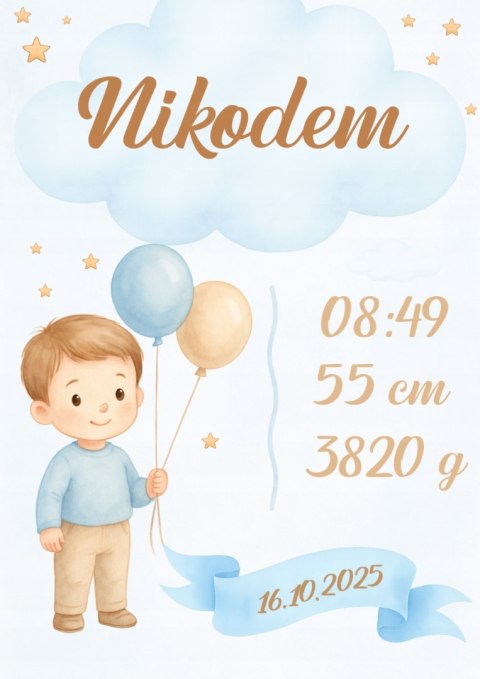 Metryczka Personalizowana Dla Dziecka A4 BEZ RAMKI Prezent Chrzest URODZINY