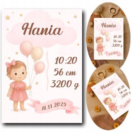 Metryczka Personalizowana Dla Dziecka A4 BEZ RAMKI Prezent Chrzest URODZINY