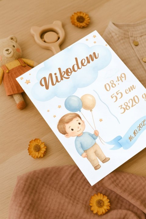 Metryczka Personalizowana Dla Dziecka A4 BEZ RAMKI Prezent Chrzest URODZINY