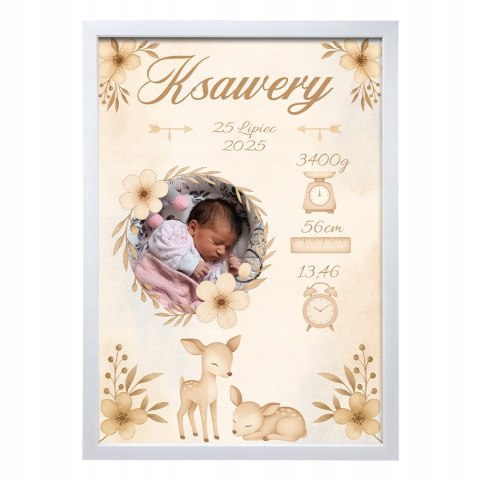 Metryczka Personalizowana Dla Dziecka A4 ZDJĘCIE z Ramką Prezent Chrzest