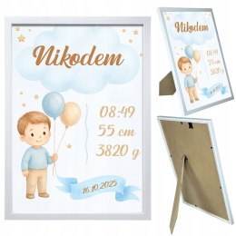 Metryczka Personalizowana Dla chłopca z Ramką Prezent Chrzest Urodziny