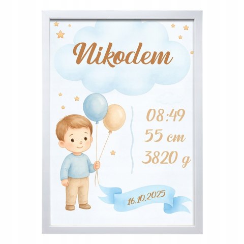 Metryczka Personalizowana Dla chłopca z Ramką Prezent Chrzest Urodziny