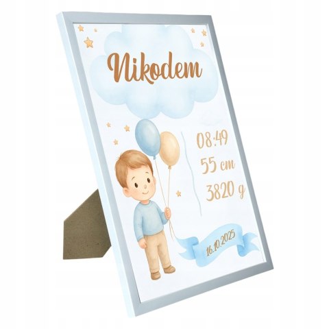 Metryczka Personalizowana Dla chłopca z Ramką Prezent Chrzest Urodziny