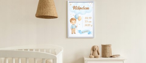 Metryczka Personalizowana Dla chłopca z Ramką Prezent Chrzest Urodziny
