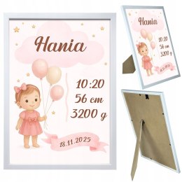 Metryczka Personalizowana Dla dziewczynki z Ramką Prezent Chrzest Urodziny