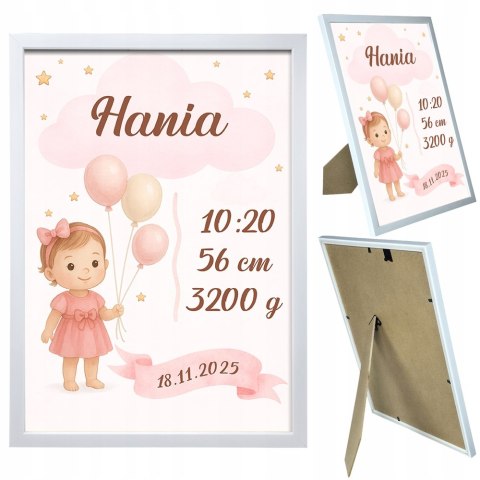 Metryczka Personalizowana Dla dziewczynki z Ramką Prezent Chrzest Urodziny