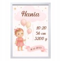 Metryczka Personalizowana Dla dziewczynki z Ramką Prezent Chrzest Urodziny