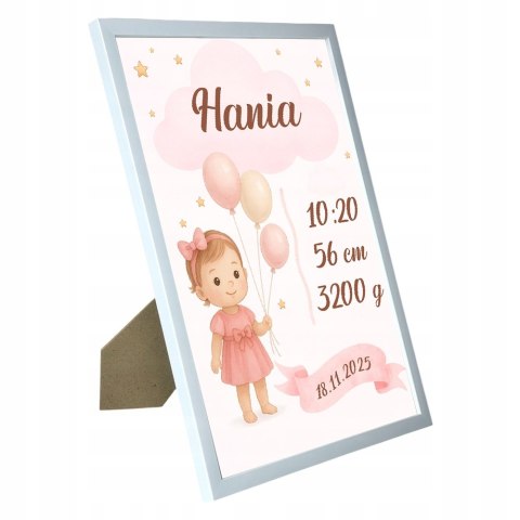 Metryczka Personalizowana Dla dziewczynki z Ramką Prezent Chrzest Urodziny