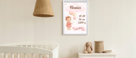 Metryczka Personalizowana Dla dziewczynki z Ramką Prezent Chrzest Urodziny