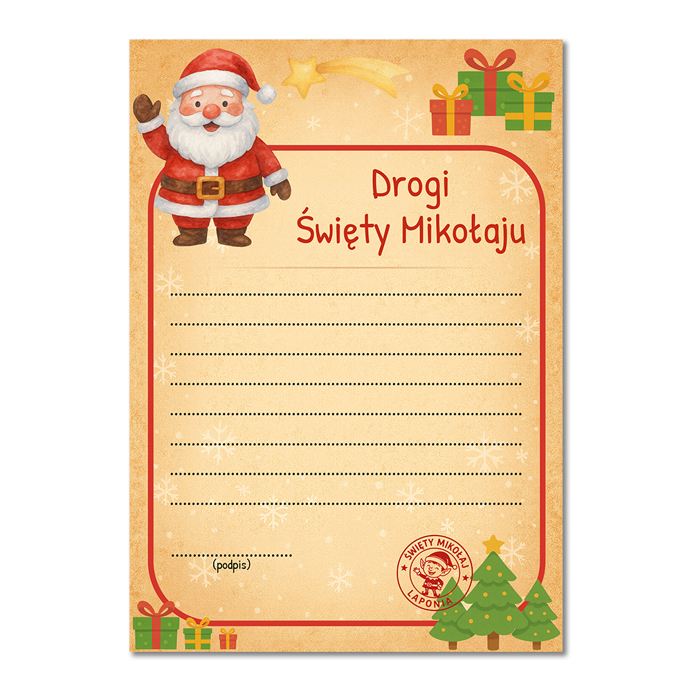 List do Świętego Mikołaja dla starszych dzieci — koperta i 3 naklejki — szczegóły wzoru