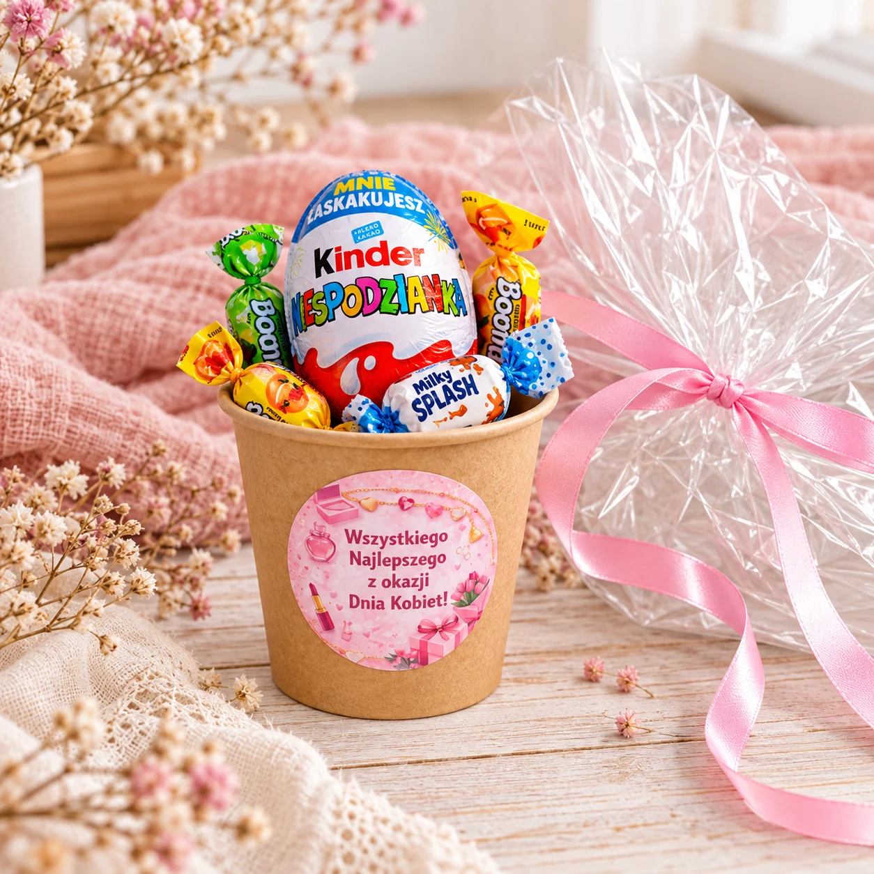 Kinder Niespodzianka i cukierki w kubeczku z różowymi życzeniami na Dzień Kobiet