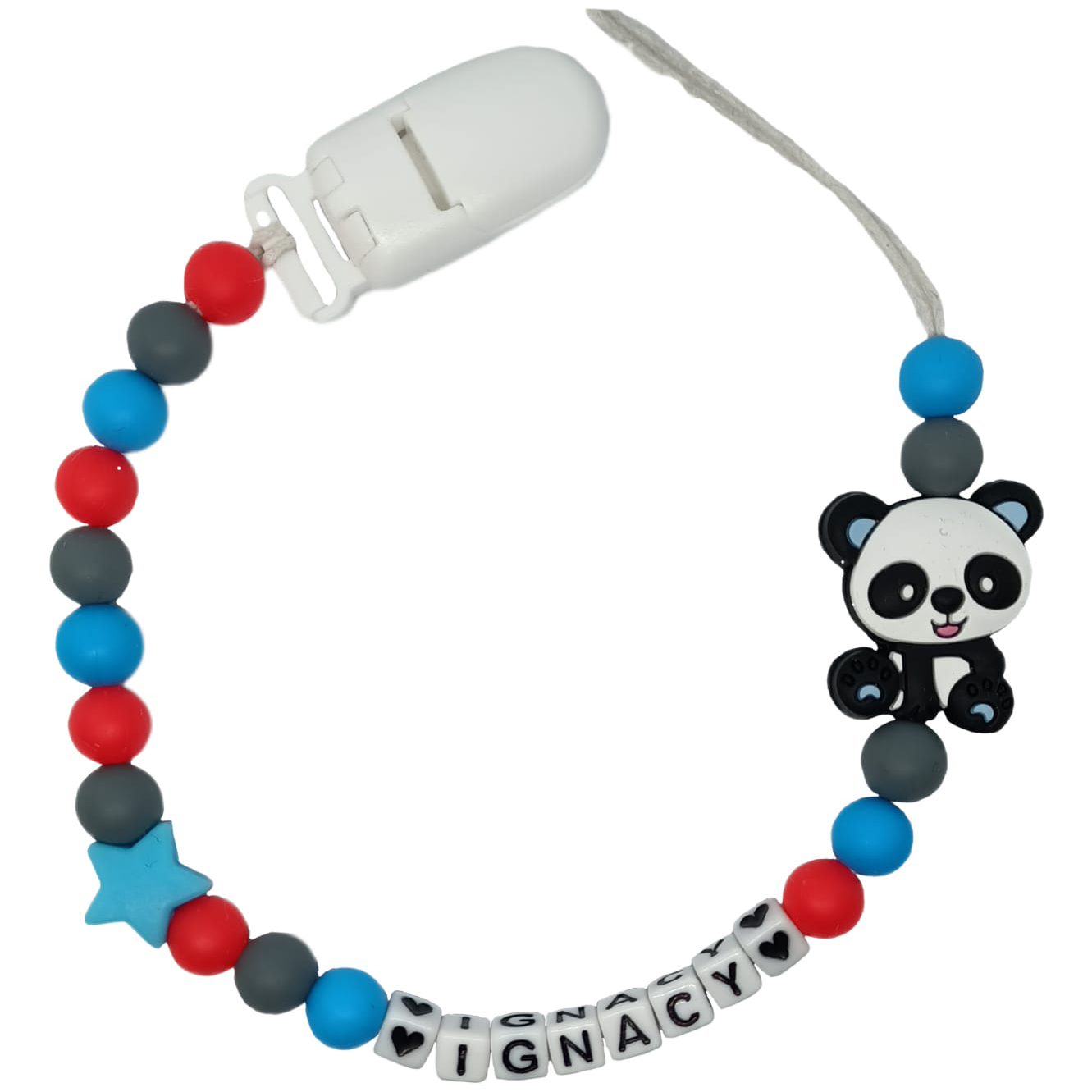 Panda — błękit i czerwień — zawieszka do smoczka z przykładowym imieniem IGNACY