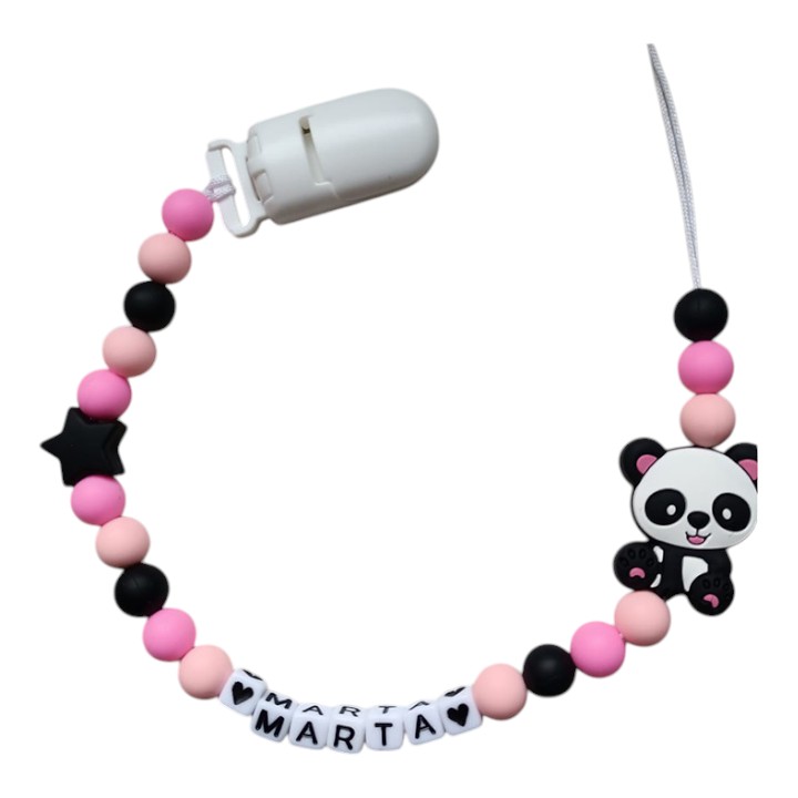Panda i czarna gwiazdka — róż — zawieszka do smoczka z przykładowym imieniem MARTA