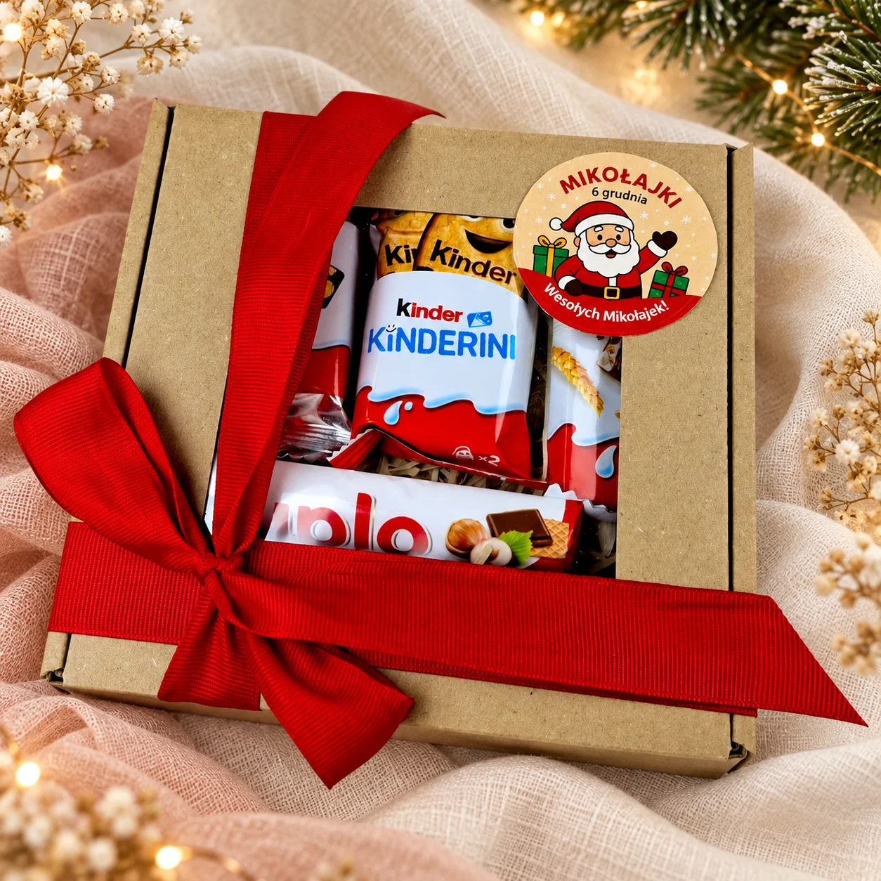 Zestaw Kinder na Mikołajki w pudełku kraft z okienkiem i czerwoną kokardą