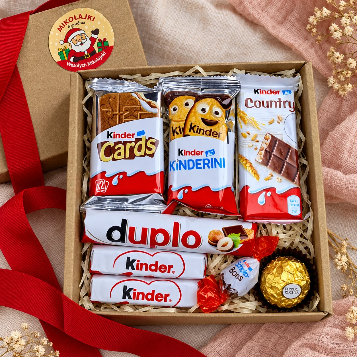 Otwarte pudełko prezentowe ze słodyczami Kinder, duplo i Ferrero Rocher